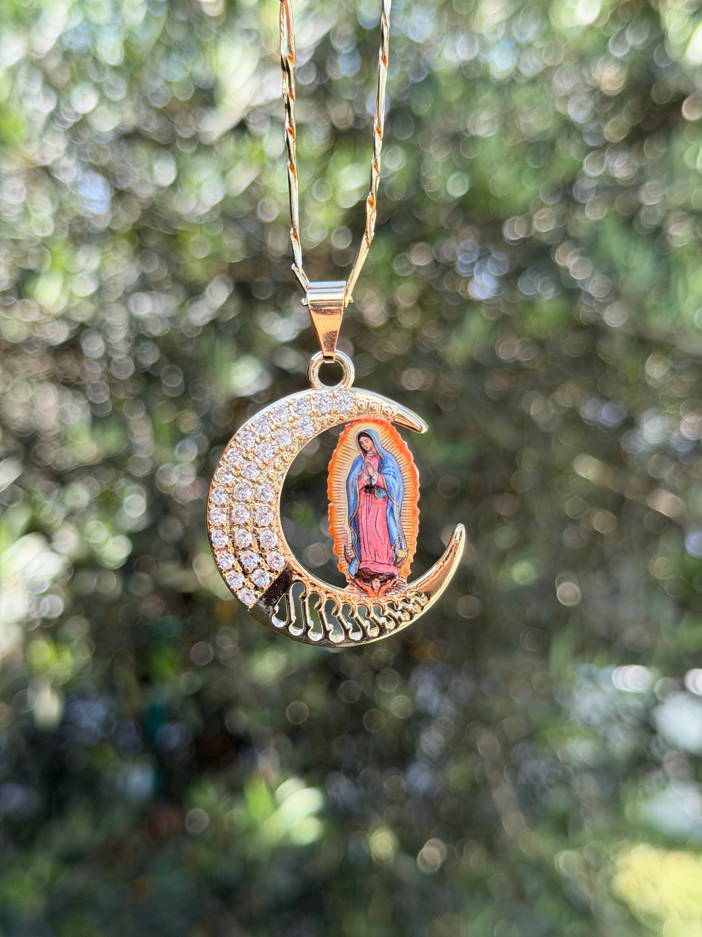 Crystal Moon Virgen Mary Necklace