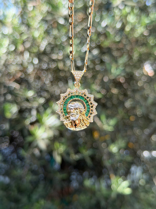 2-Tone Green Crystal Jesus Necklace